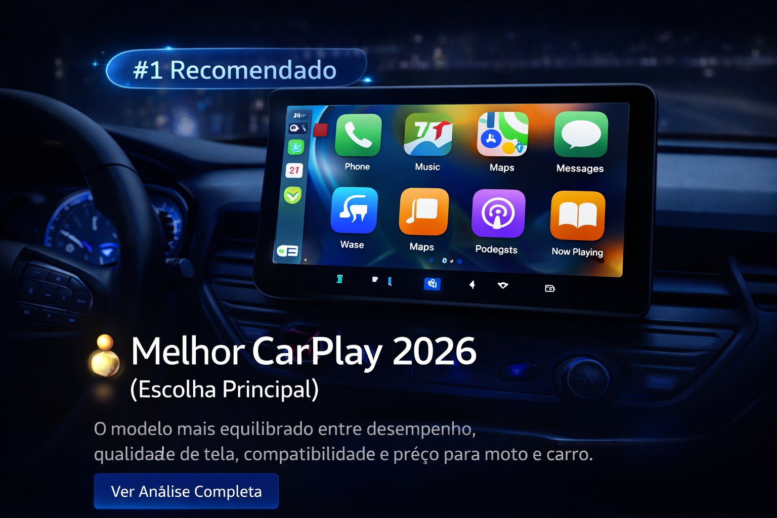 Painel de carro moderno com Apple CarPlay 2026 exibindo navegação ativa no dashboard
