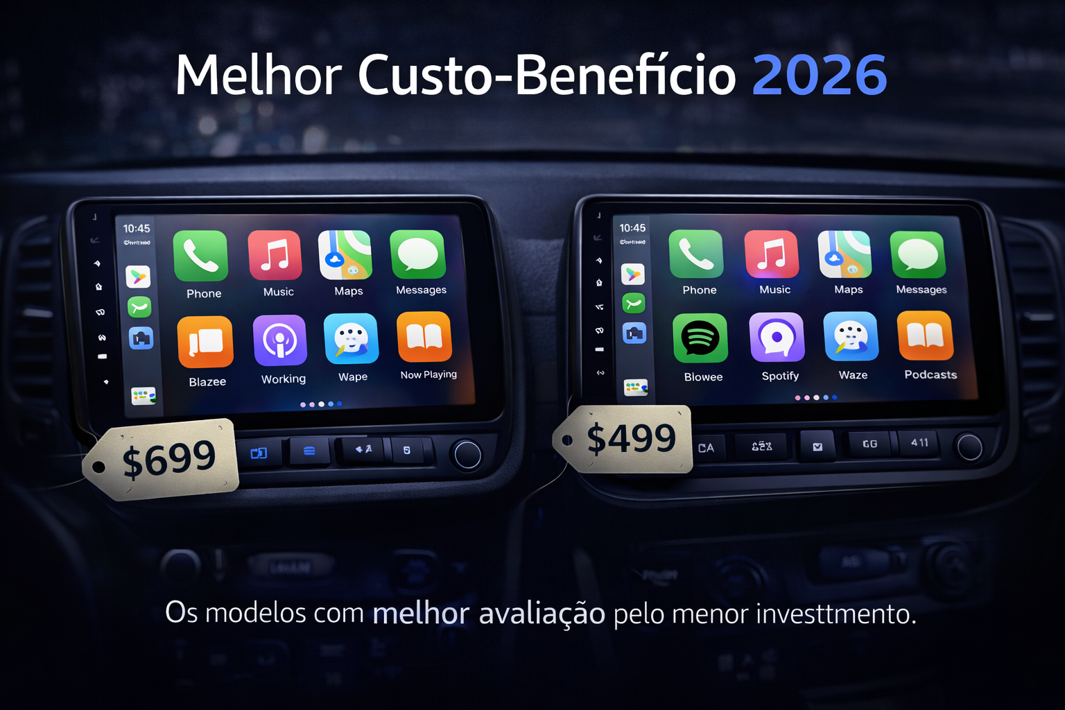 Comparação de duas centrais multimídia com Apple CarPlay destacando melhor custo-benefício 2026