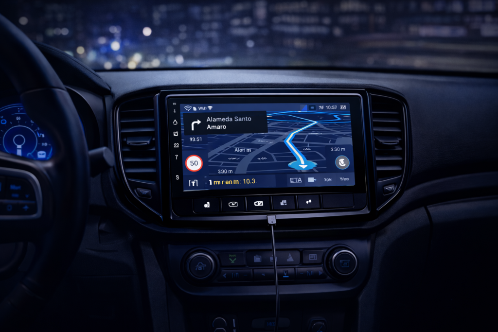 Apple CarPlay instalado no painel do carro com tela de navegação GPS ativa e interface moderna.