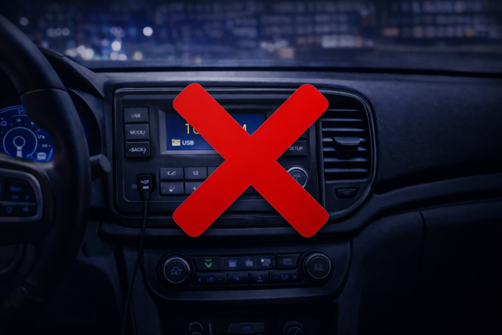 Painel de carro com multimídia antiga e um grande X vermelho indicando modelo não recomendado para uso com Apple CarPlay em 2026.