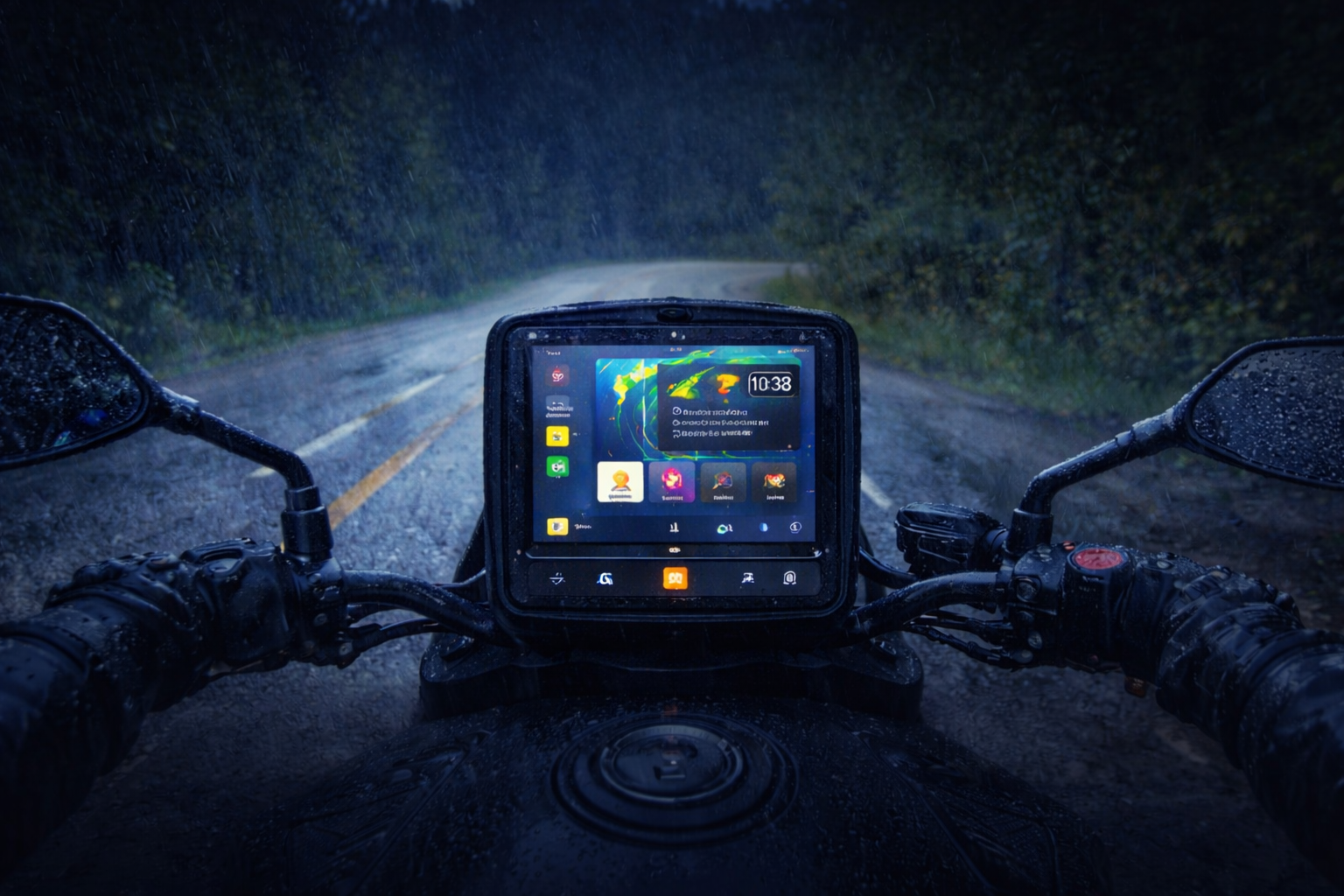 Moto equipada com tela Apple CarPlay resistente à chuva exibindo navegação GPS em estrada molhada durante a noite.