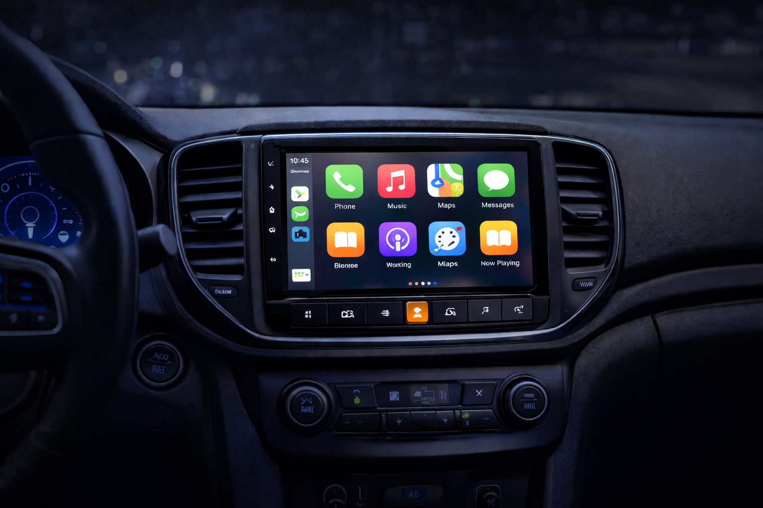 Painel de carro moderno com Apple CarPlay ativo exibindo aplicativos como Maps, Música e Telefone em tela multimídia HD.