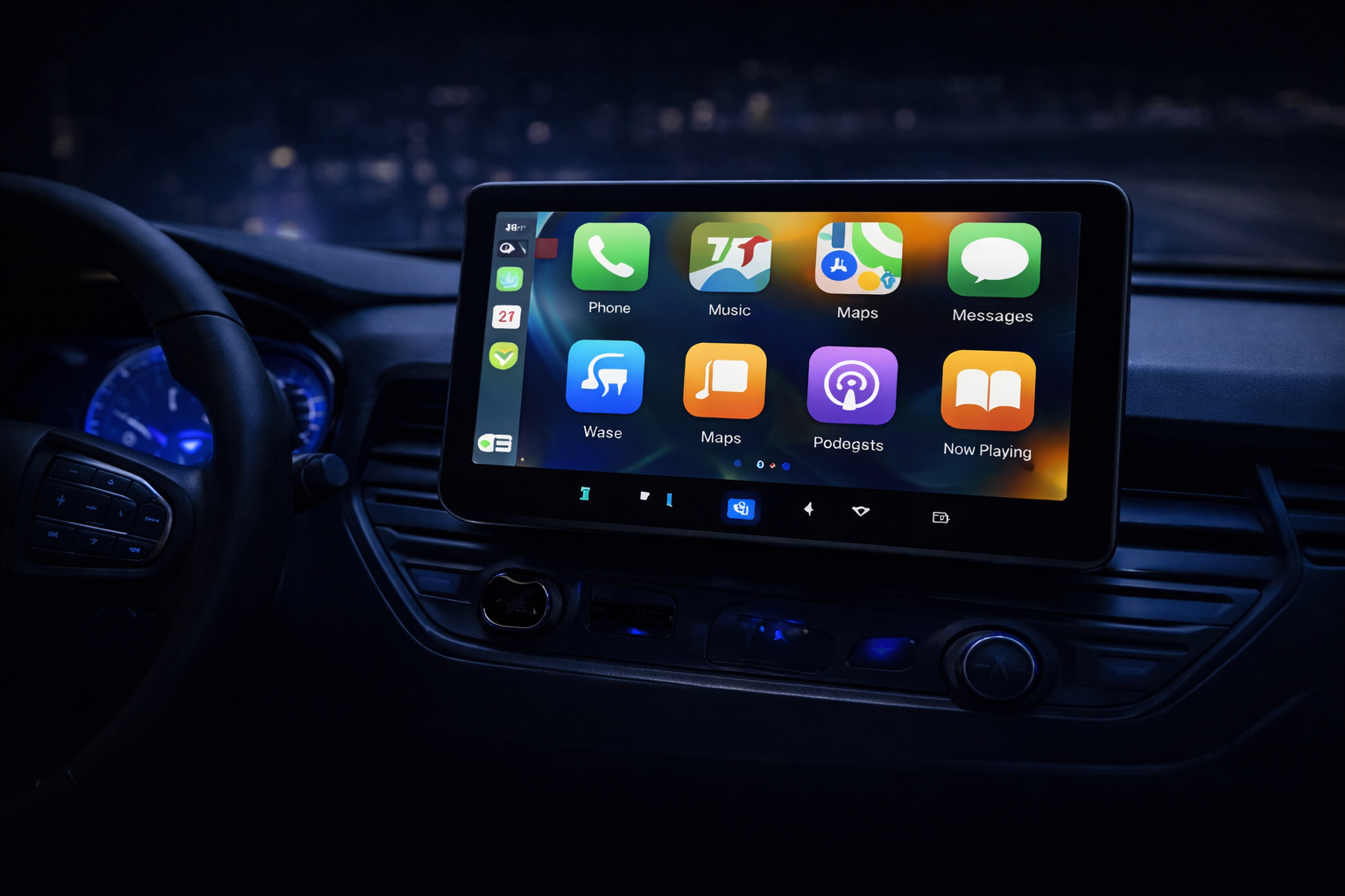 Painel de carro exibindo comparação entre duas centrais multimídia com Apple CarPlay integrado em tela touchscreen moderna.